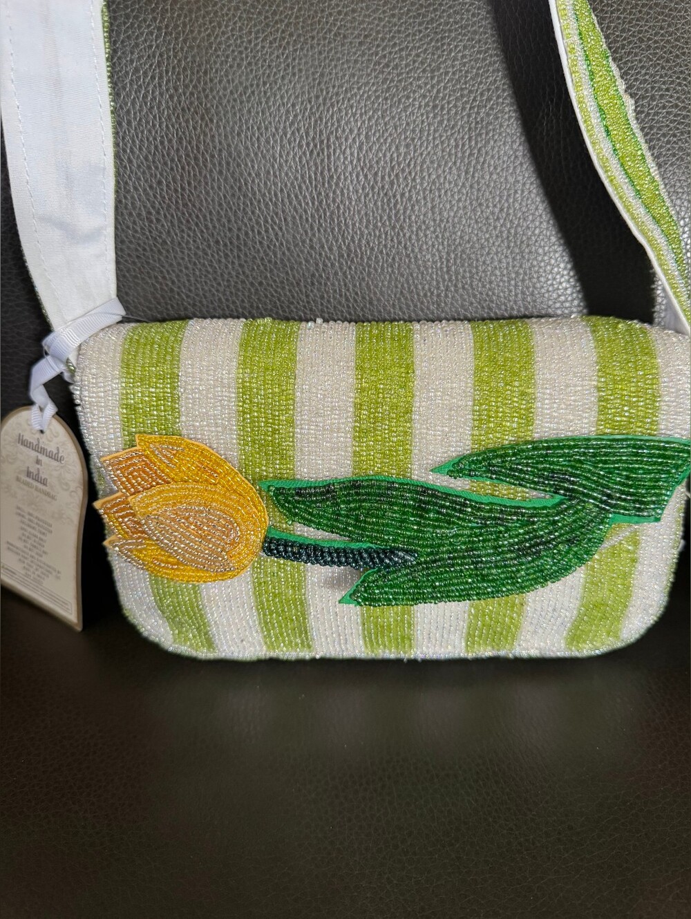 Handmade Green & White Striped Beaded Crossbody with Yellow Tulip - Picture 4 of 9